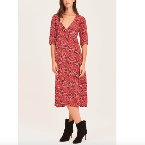 NWT Ba&sh Jazz Floral Midi V Neck Dress In Red 3 - Picture 1 of 7